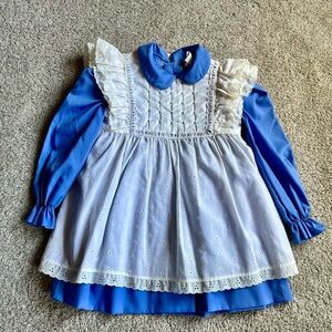 Vintage Polly Flinders Sz 4 Dress Flower Embroidered Pinafore Apron Eyelet Lace